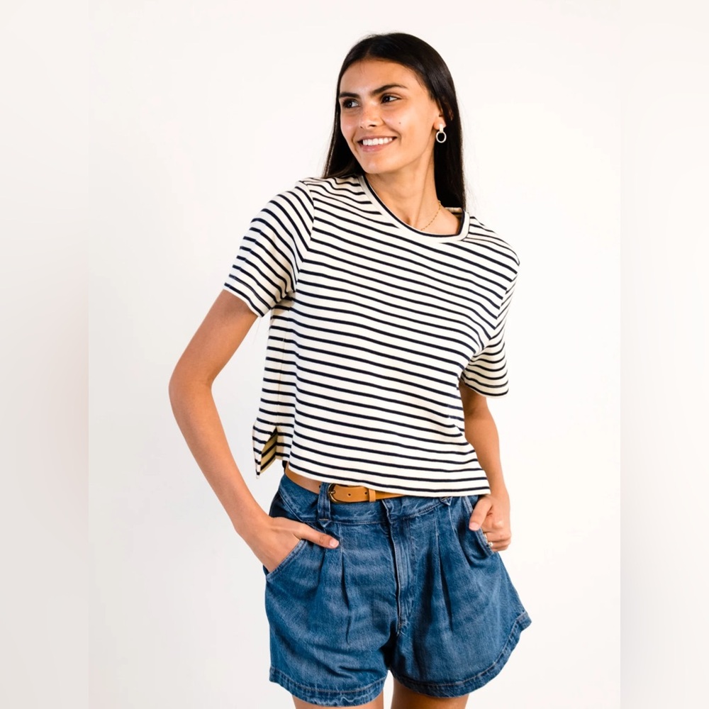 Able White and Navy Maria Striped Boxy Short Sleeve Tee